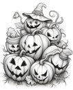 Jack-o-lantern pumpkin group, Halloween black and white picture coloring book