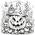 Jack-o-lantern pumpkin in a hat, next to it small pumpkins, in the background houses, Halloween black and white picture coloring Royalty Free Stock Photo