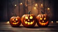 Jack-o-lantern pumpkins, candles, garland. Cute Halloween background. Generative AI