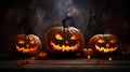 Jack-o-lantern pumpkins, candles, garland. Cute Halloween background. Generative AI