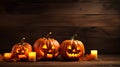 Jack-o-lantern pumpkins, candles, garland. Cute Halloween background. Generative AI