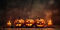 Jack-o-lantern pumpkins, candles, garland. Cute Halloween background. Generative AI