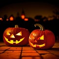 Jack o lantern pumpkins at night on Halloween