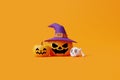 Jack-o-Lantern pumpkins wearing witch hat with skull and bones on orange background Royalty Free Stock Photo