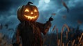 Jack-O\'-Lantern Scarecrow in a Field at Night Royalty Free Stock Photo