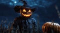 Jack-o\'-lantern Scarecrow in a Field at Night Royalty Free Stock Photo