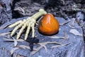 Jack O`Lantern and skeleton arm on tree stump