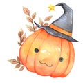 Jack O lantern with witch hat and autumn leaf watercolor .