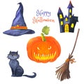 Jack O Lantern, witches hat, black cat, haunted house for Happy hallowen. Royalty Free Stock Photo