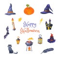 Jack O Lantern, witches hat, black cat, haunted house for Happy hallowen Royalty Free Stock Photo