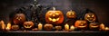 Jack-o\'-Lanterns and Carved Halloween Pumpkins Banner, Wallpaper Concept, Halloween Holiday Background Backdrop