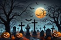 Jack-o\'-Lanterns Casting Eerie Shadows - A Full Moon Illuminating a Misty Graveyard, Scarecrows with Haunting Presence Royalty Free Stock Photo