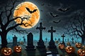 Jack-o\'-Lanterns Casting Eerie Shadows - A Full Moon Illuminating a Misty Graveyard, Scarecrows with Haunting Presence