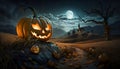 Jack O\' Lanterns In Graveyard In The Spooky Night - Generative AI Royalty Free Stock Photo