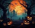 Jack O Lanterns in Graveyard in the spooky night. Royalty Free Stock Photo