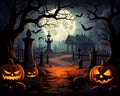 Jack O Lanterns in Graveyard in the spooky night. Royalty Free Stock Photo