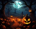 Jack O Lanterns in Graveyard in the spooky night. Royalty Free Stock Photo