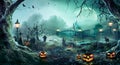 Jack O` Lanterns In Graveyard In The Spooky Night