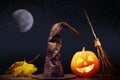 Jack o lanterns Halloween pumpkin face on night stars and moon background and autumn leafs Royalty Free Stock Photo