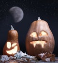 Jack o lanterns Halloween pumpkin face on night stars and moon background and autumn leafs Royalty Free Stock Photo