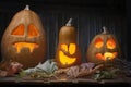 Jack o lanterns Halloween pumpkin face on wooden background Royalty Free Stock Photo