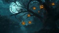 Jack-o\'-lanterns hanging from an old tree under a full moon Royalty Free Stock Photo
