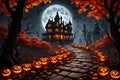 Jack-o\'-Lanterns Illuminating a Winding Path Through an Eerie Forest - Bats Silhouetted Against the Full Moon
