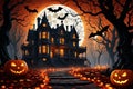 Jack-o\'-Lanterns Illuminating a Winding Path Through an Eerie Forest - Bats Silhouetted Against the Full Moon