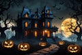 Jack-o\'-Lanterns Line the Winding Path Leading to a Haunted Victorian Mansion - Full Moon Casting Eerie Shadows