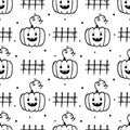 Jack o Lanterns, pumpkins with fences and dots vector seamless pattern background for Halloween design