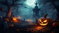 Jack oÃ¢â¬â¢ lanterns in spooky forest at moonlight halloween