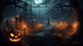 Jack oÃ¢â¬â¢ lanterns in spooky forest at moonlight   halloween Royalty Free Stock Photo