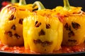 Jack o lanterns stuffed yellow pepper for Halloween. Royalty Free Stock Photo