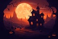 Jack-o'-lantern pumpkins and a dark castle on a blue moon background on Halloween night. Generative AI illustration. Royalty Free Stock Photo