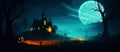 Jack-o'-lantern pumpkins and a dark castle on a blue moon background on Halloween night. Panoramic Generative AI