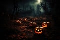 Jack-o'-lantern pumpkins in a graveyard on a spooky night - Halloween background. Generative AI illustration. Royalty Free Stock Photo