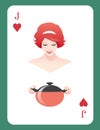 Jack or Queen of Hearts. Beautiful housewife carrying a pot