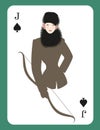 Jack or Queen of Spades. Beautiful girl dressed in winter sportswear as a hunter from the 20s or 30s, carrying a bow