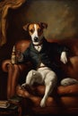 jack russel breed dog and a pint of beer old painting vertical funny comic