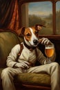 jack russel breed dog and a pint of beer old painting vertical funny comic