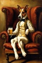 jack russel breed dog and a pint of beer old painting vertical funny comic