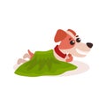 Jack russell terrier character lying on the floor under a green blanket, cute funny dog vector Illustration