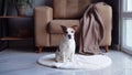 A Jack Russell Terrier dog crouches playfully on a fluffy white rug