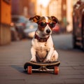 Jack russell terrier dog sitting on a skateboard as skater wearing sunglasses. Cool dog on skateboard in sunglasses in the city Royalty Free Stock Photo