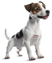 Jack Russell Terrier dog standing on a white background. The puppy stood with its head raised and its tail wagging. png. Royalty Free Stock Photo