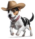 Jack Russell Terrier dog wearing a cowboy hat Running on a white background. png.