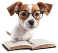Jack Russell Terrier dog wearing glasses and reading a book. png.