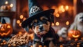jack russell terrier A Halloween puppy wearing a witch hat, caught in the act of casting a spell on a pile of treats,
