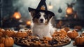 jack russell terrier A Halloween puppy wearing a witch hat, caught in the act of casting spells on a pile of treats,
