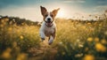 jack russell terrier A joyful puppy dog sprinting through a meadow of wildflowers, Royalty Free Stock Photo